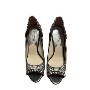 Michael Kors ELLA PEEP Toe Black White Silver Studded Leather Heel Shoe Sz 8